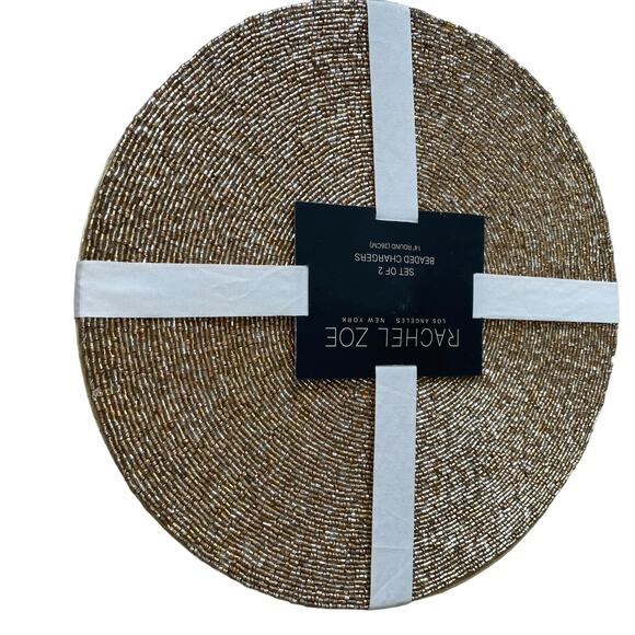 RACHEL ZOE Metallic GOLD Glass Beaded Charger Placemats 14" Round Set of 2 NEW - Picture 9 of 10